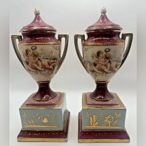 Antique Sevres Style Porcelain Urns Pair Hand Painted Cherub German Dresden Mark